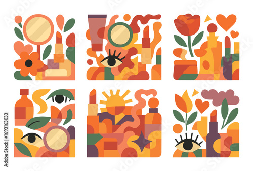 Beauty and makeup flat icon set. featuring mirror, flower, eye, lipstick, and sun symbols.