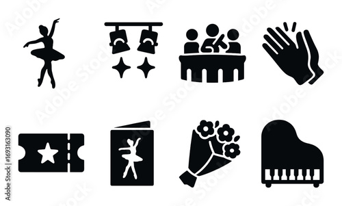 Theater and dance silhouette icon set. featuring performer, stage lights, audience, applause, ticket, book, bouquet, piano.