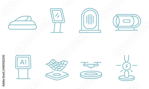 Technology linear icon set. featuring vr headset, digital display, ai, drone, and lightbulb symbols.
