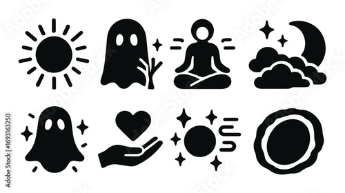 Spiritual silhouette icon set. featuring sun, ghost, meditation, moon, hand, heart, and cloud symbols.