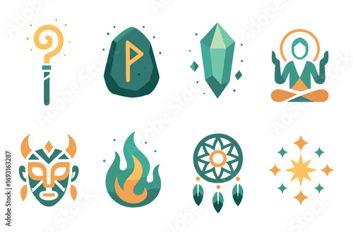 Mystical elements flat icon set. featuring wand, rune stone, crystal, meditation, mask, fire, dreamcatcher, stars.
