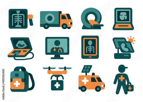 Medical and emergency silhouette icon set. featuring x-ray, mri, telemedicine, drone, backpack, ambulance symbols.