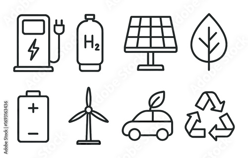 Eco energy flat icon set. featuring gas station, hydrogen, solar panel, leaf, battery, wind turbine, electric car, recycling.