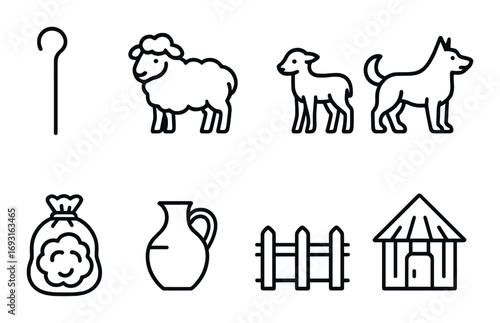 Farm life linear icon set. featuring sheep, shepherd's crook, lamb, dog, wool sack, jug, fence, cottage.