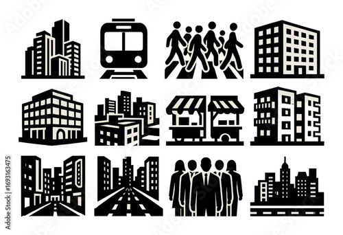 Urban elements silhouette icon set. featuring skyscraper, subway, people crossing, market, business group, and apartment building symbols.