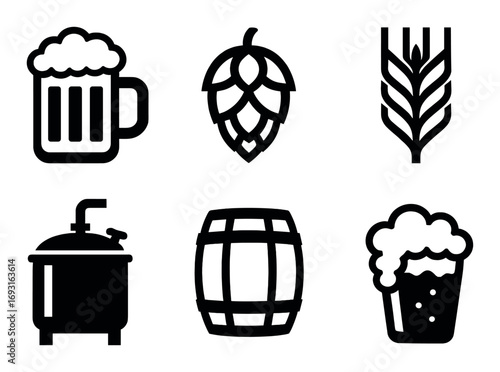Beer brewing silhouette icon set. featuring beer mug, hop, grain, brewing tank, barrel, and foam glass.