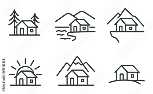 Nature and building linear icon set. featuring cabin, mountain, river, sunrise, landscape, forest.