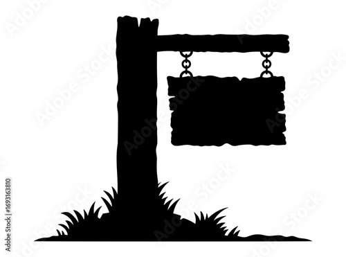 Signpost. Signboard hanging on chains. Black silhouette. Front view. Vector simple flat graphic hand drawn illustration. Isolated object on white background. Isolate.
