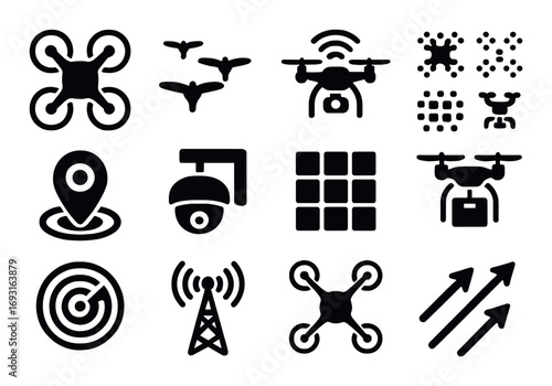 Drone silhouette icon set. featuring uav, camera, signal, radar, and navigation symbols.