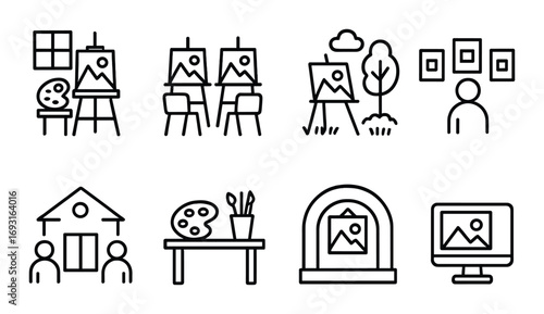 Art and gallery linear icon set. featuring easel, canvas, studio, tree, artist, home, palette, frame, and computer symbols.