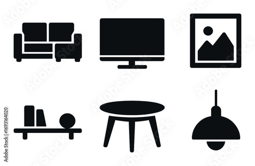 Furniture and decor silhouette icon set. featuring sofa, tv, artwork, shelf, table, pendant lamp.