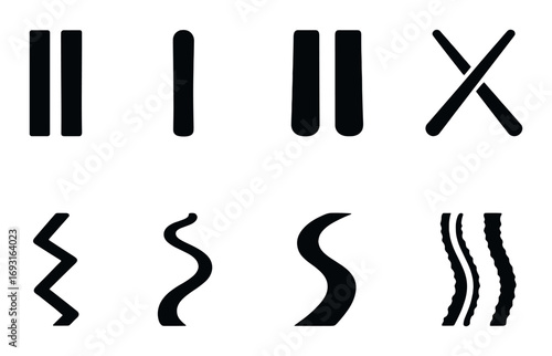 Music notation silhouette icon set. featuring accent, tremolo, fermata, breath mark, slur, mordent, caesura, and trill symbols.