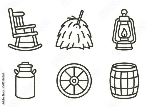 Farming tools linear icon set. featuring rocking chair, haystack, lantern, milk can, wagon wheel, and barrel.