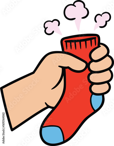 Hand Holding Steaming Hot Red Sock with Blue Heel and Toe in Cartoon Style Vector Illustration 