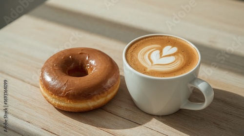 Coffee cup with heart latte art and glazed donut on a wooden table in warm light