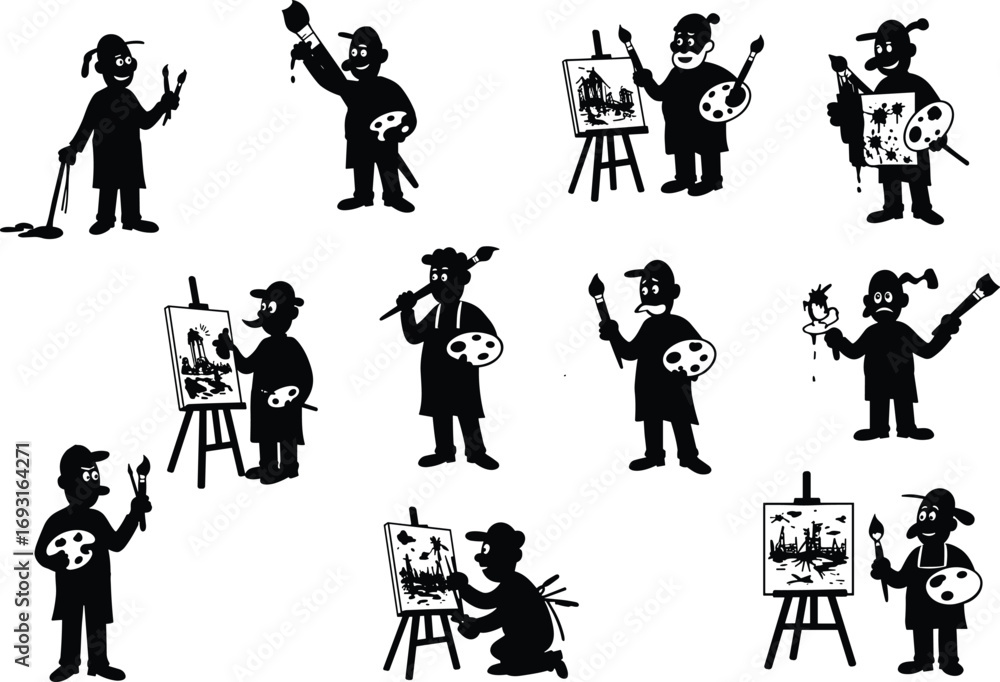Naklejka premium Silhouettes of painters and artists holding brushes and palettes, painting on canvases, creating art, different painting poses and expressions.