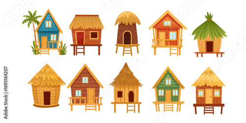 Tropical beach hut collection set. Wooden stilt houses with thatched roofs and palm trees. Bungalow vacation homes in different colors. Island resort architecture. Vector illustration isolated