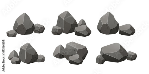 Stone boulder collection set. Gray rocky formations in various geometric shapes and sizes. Natural mineral elements for landscape and game design. Vector illustration isolated on white background