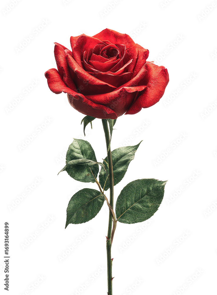 Naklejka premium Single vibrant red rose, dark background. Detailed petals, green leaves, long stem