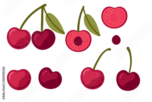 Cherry fruit collection. Red juicy berries with green leaves and stems, halves and pits. Sweet fresh summer fruit elements in flat cartoon style. Vector illustration isolated on white background