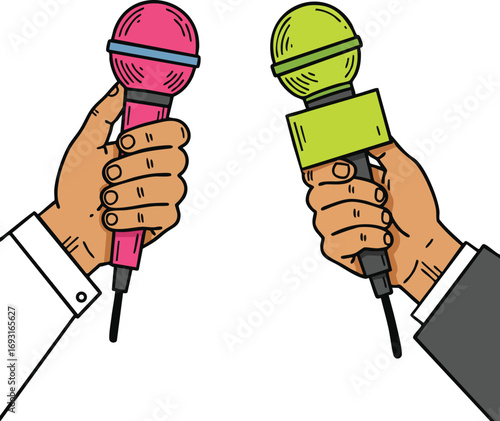 Two hands holding pink and green microphones for interview or media communication concept vector illustration 