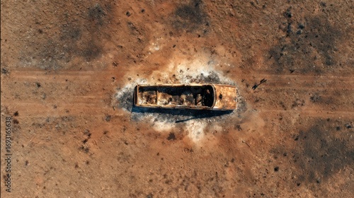 Aerial view of damaged structure in dry land