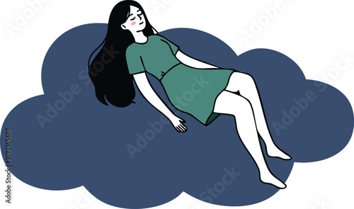 Woman Relaxing on Dark Blue Cloud Illustration Representing Calm and Peaceful State of Mind Vector 