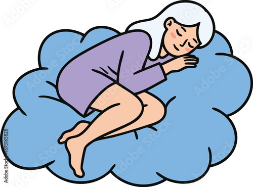 Woman Sleeping Peacefully on Blue Cloud Illustration Relaxation and Rest Concept Vector Art 