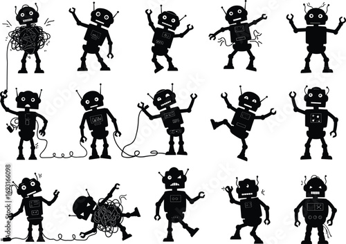 Silhouettes of playful robots tangled in wires, waving, dancing, posing, expressing emotions, robotic characters in different quirky and fun poses.