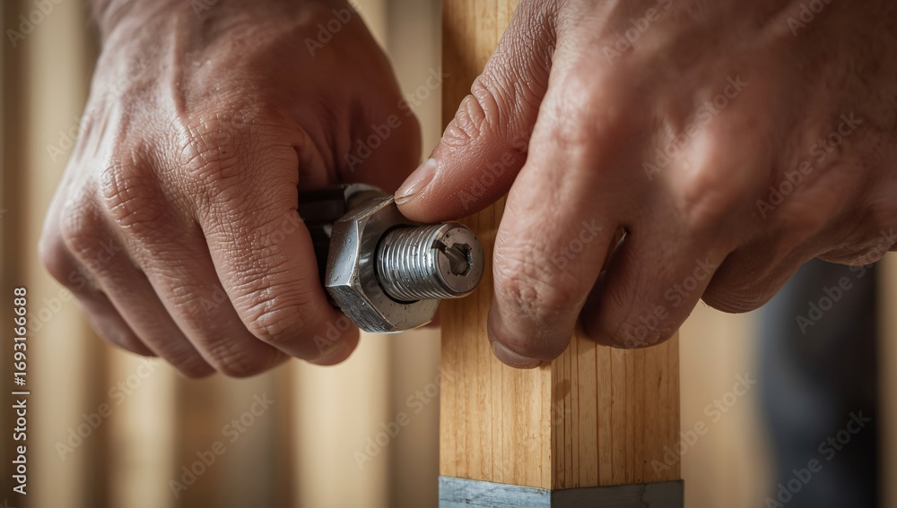 Fototapeta premium Close-up of a worker's hands tightening a nut and bolt on a wooden frame with a ratchet wrench.