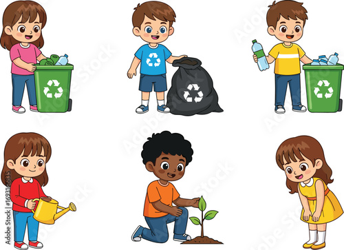 Cartoon children recycling, planting trees, watering plants, collecting trash, eco-friendly habits, environmental awareness, green lifestyle, nature care, white background