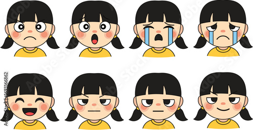 Cartoon girl emotions, facial expressions, crying, happy, sad, surprised, skeptical, sly, cute character, emotional icons, kids illustration, vector art