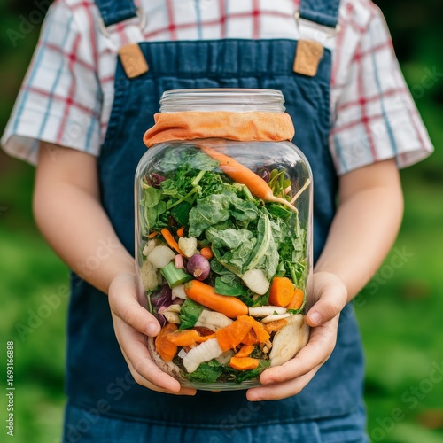 Kid Holding Jar of Vegetable Scraps for Compost, Recycling ,Sustainable