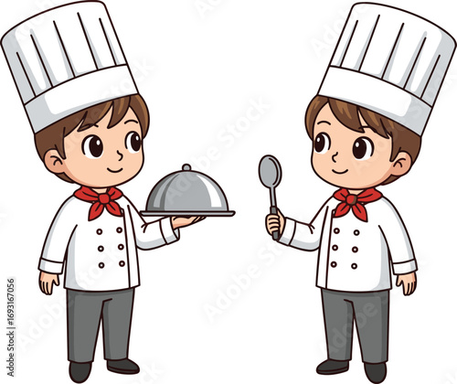 Cartoon, chefs, cooking, kitchen, uniform, spoon, serving dish, teamwork, food, restaurant, culinary, illustration, animated, white hat, red neckerchief, smiling, pose, preparation, gray pants