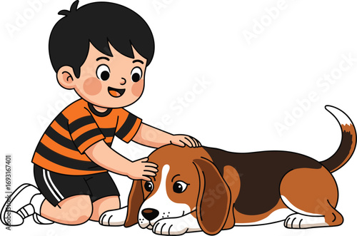 Child, dog, cartoon, pet, friendship, affection, animal, companion, love, kindness, illustration, beagle, bonding, care, emotion, playful, kneeling, resting, cute, interaction