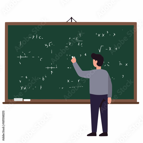 flat vector illustrations A male teacher solving complex mathematical problems on a green blackboard