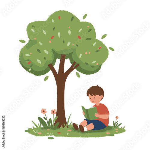 flat vector illustrations A child enjoys a book under a tree on a sunny day. He is sitting on grass in the shade, deeply engrossed in reading.