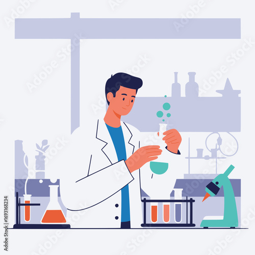 flat vector illustrations A scientist conducting an experiment in the laboratory, focused on scientific research and chemistry. He is wearing a lab coat.