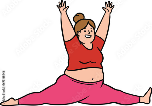 Woman performing split stretch exercise in red top and pink pants fitness activity illustration 
