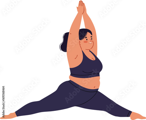 Woman practicing yoga in wide leg stretch pose wearing black activewear vector illustration 