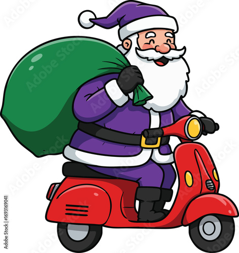 Santa Claus riding red scooter delivering gifts with green sack festive holiday vector illustration 