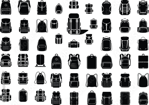 Backpack Silhouette Icon Vector Set Travel, Hiking, and School Backpack Silhouette Collection