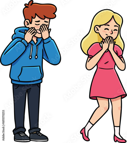 Young boy and girl sneezing and covering mouths with hands in casual clothing vector illustration 
