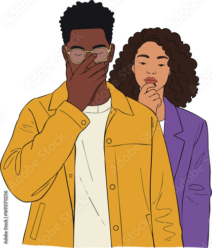 Young man and woman thinking with thoughtful expressions in casual colorful jackets vector illustration 