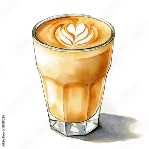 Latte, watercolor illustration vector, isolated on a white background.