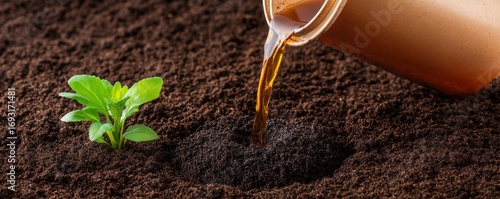 Nourishing Sprout Liquid Gold Poured on Fertile Soil, Plant Growth , Agriculture