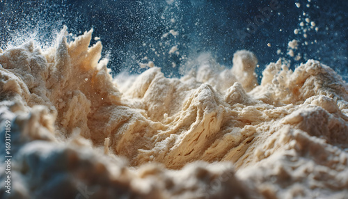Wallpaper Mural Macro shot of dough, flour mixed in kneading machine. Close-up detail texture of ingredients, dynamic movement within bowl. Dust particles visible, process of bread making, baking Torontodigital.ca