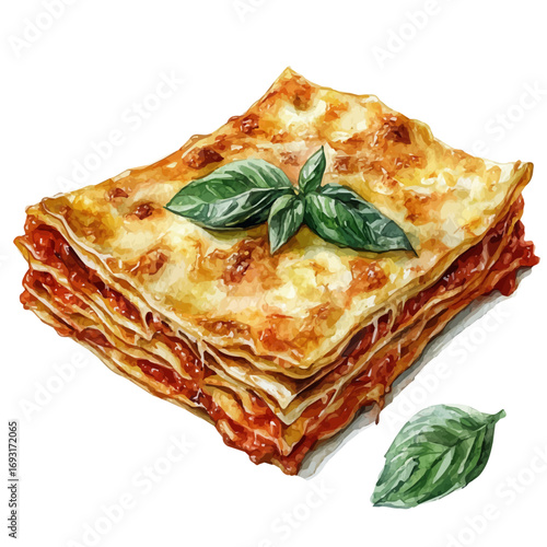 Lasagna, watercolor illustration vector, isolated on a white background.