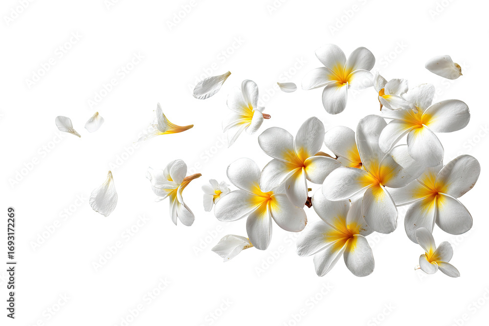 Naklejka premium Delicate white plumeria blossoms and petals scattered on a black background