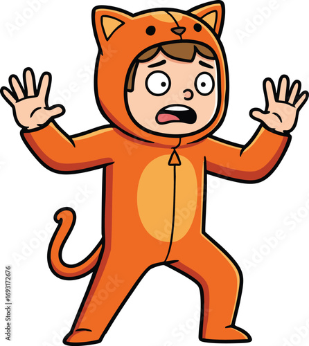 Child wearing orange cat costume with surprised expression in cartoon style vector illustration 